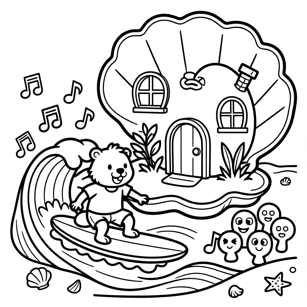 Inside a giant seashell that doubles as a cottage, a spunky beaver architect discovers the joy of riding a wave on a surfboard shaped like a shell, while musical notes floating playfully in the air watches happily nearby. Giggles echo happily through the whole valley.