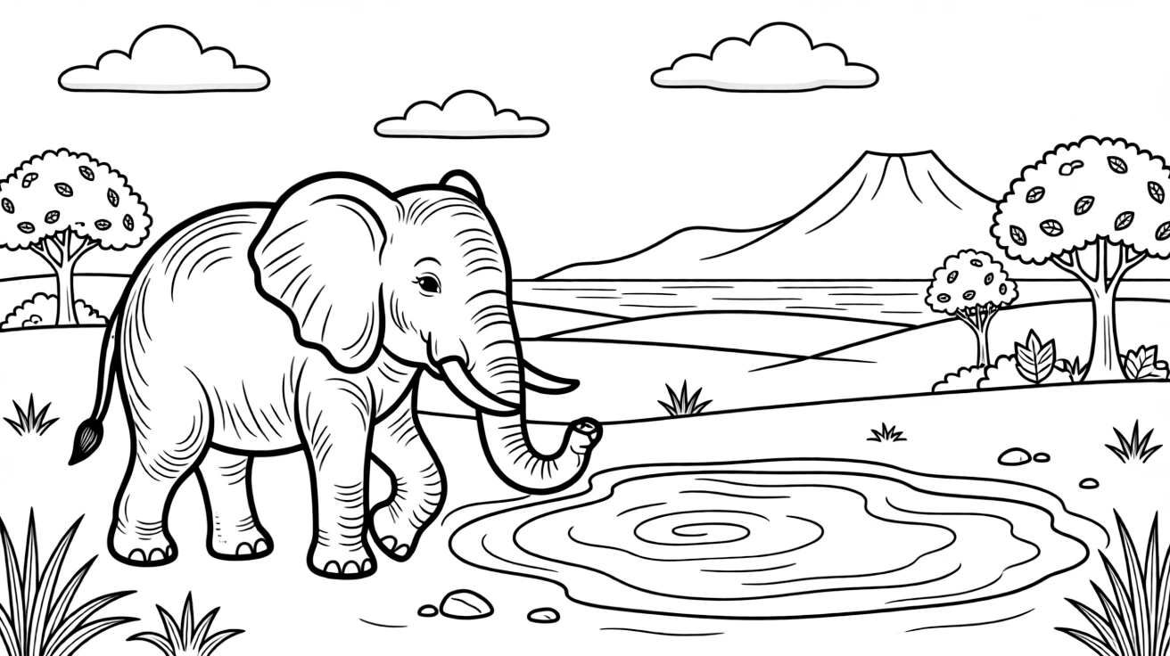 A coloring page of a desert elephant walking near a watering hole in Mali, set against a scenic backdrop with soft clouds and a distant mountain or shoreline.