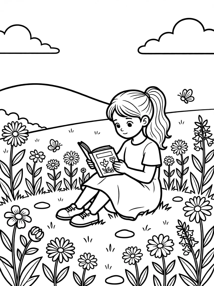 a thoughtful young girl identifies wildflowers in a meadow using a small illustrated field guide.