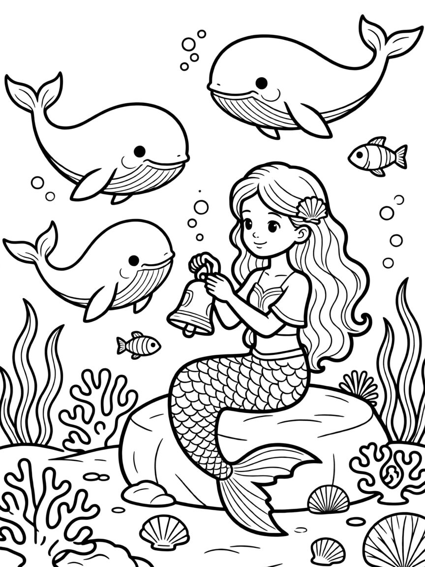 A mermaid discovers a glowing shipwreck bell and rings it gently, summoning a friendly pod of curious whales.