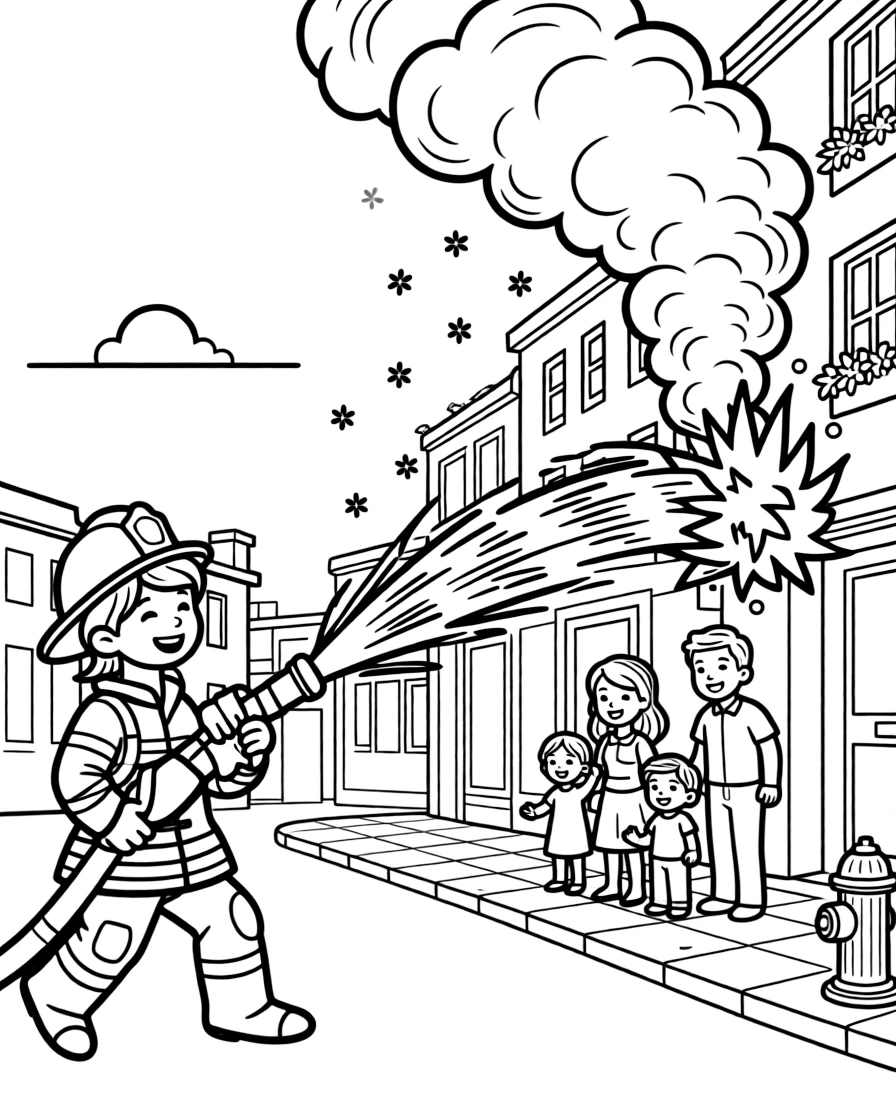 [Firefighters] A dynamic scene shows a brave firefighter spraying water at a smoky blaze on a city street during a rescue, laughing joyfully. Close by, a grateful family watches from a safe distance. Water arcs powerfully from the hose. The moment unfolds at sunset, with snow gently falling, filled with energetic detail perfect for a young colorist.