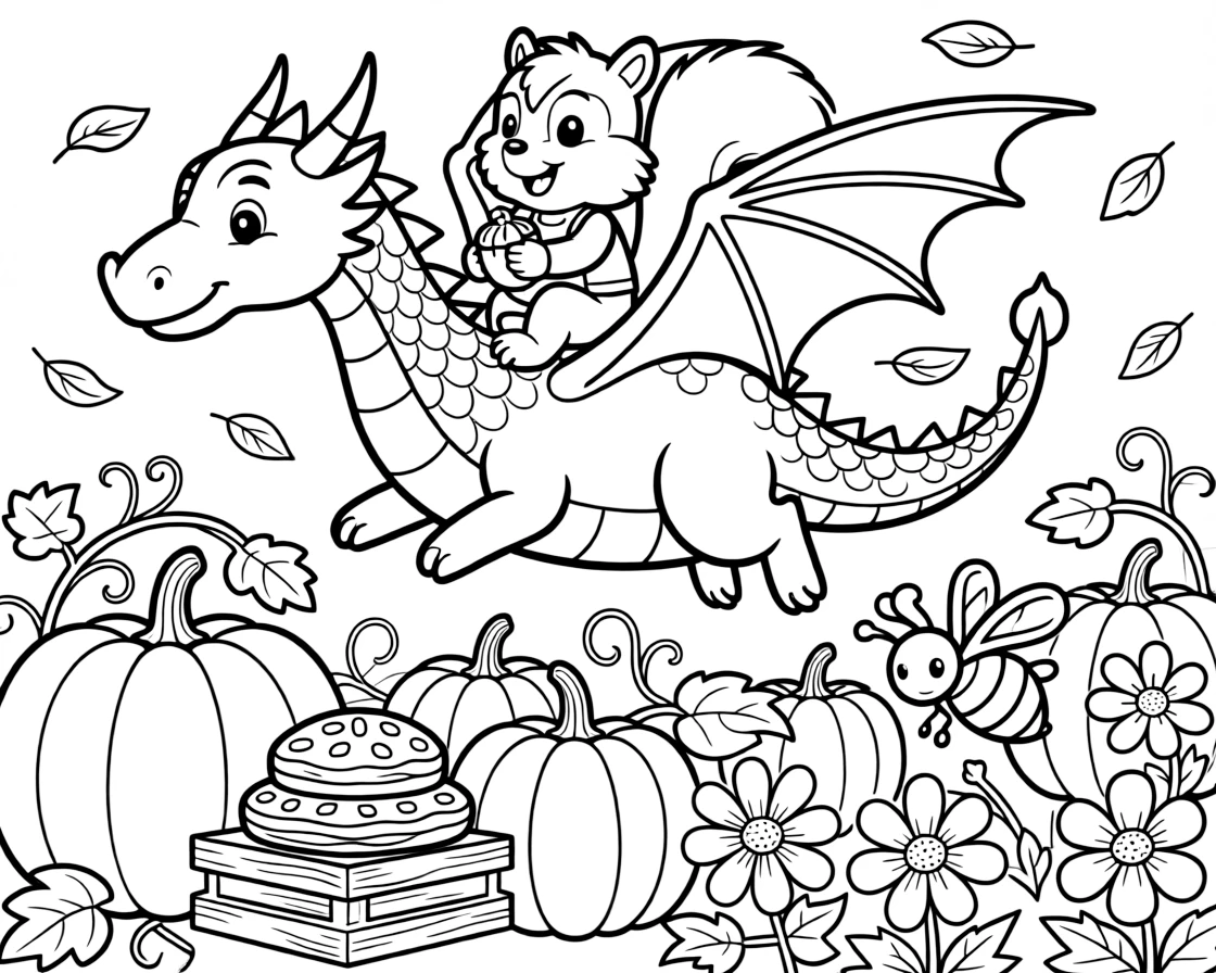 A chipmunk with cheeks full of acorns is soaring through the sky on the back of a gentle dragon in a pumpkin patch on a crisp autumn day. Scattered nearby, a stack of freshly baked pastries and a curious bumblebee buzzing among the blooms add to the delightful moment.