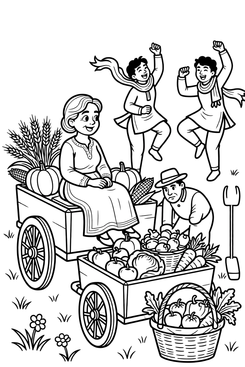 A cheerful grandmother admiring dancers performing an energetic bhangra in a golden field on a farm cart piled high with fresh harvest crops, near a farmer's cart loaded with produce and a basket brimming with fresh vegetables.