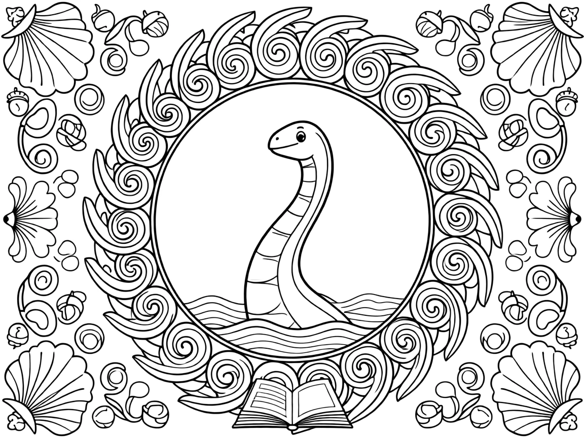 Dinosaurs & Prehistoric: The page presents a small themed scene built around a plesiosaur with a long curving neck in the waves, tied together by a shell-spiral mandala coiling outward in smooth turns. The scene is set within a framed scene where every element on one side is echoed by a twin on the opposite side. Decorative details fill the surrounding space, including overlapping scalloped shells, loops of ribbon curling back on themselves, and clusters of tiny acorns woven throughout the background. A playful extra touch completes the page: a tiny open book resting at the base of the design.