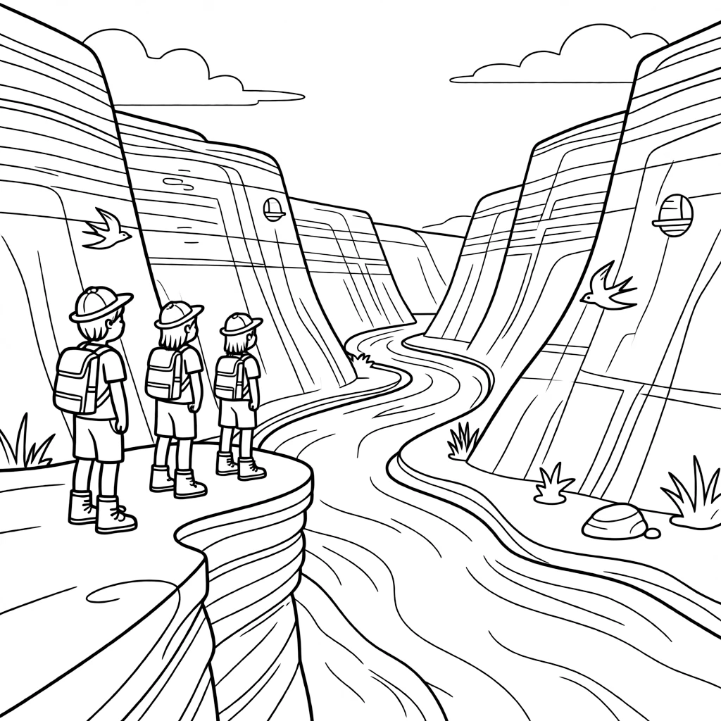 [Canyon Trails] A group of hikers pauses to admire a winding river far below the canyon rim. Swallows dart in and out of small holes in the canyon walls, building their nests. A winding river cuts through the canyon floor far below the rocky rim trail. Bright sunlight illuminates the striped canyon walls beneath a nearly cloudless sky.