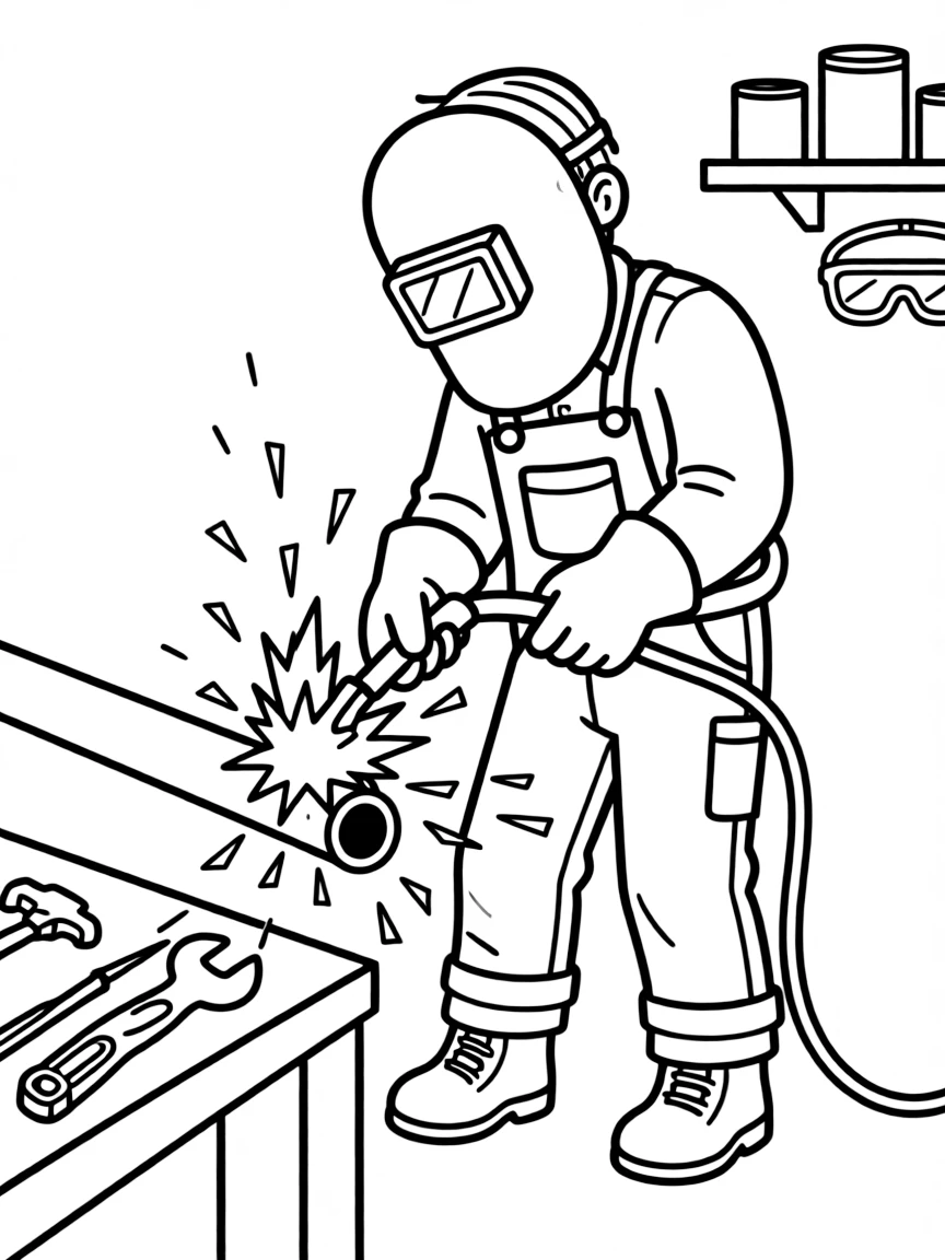 A welder in a protective mask joins two metal pipes with sparking flame.