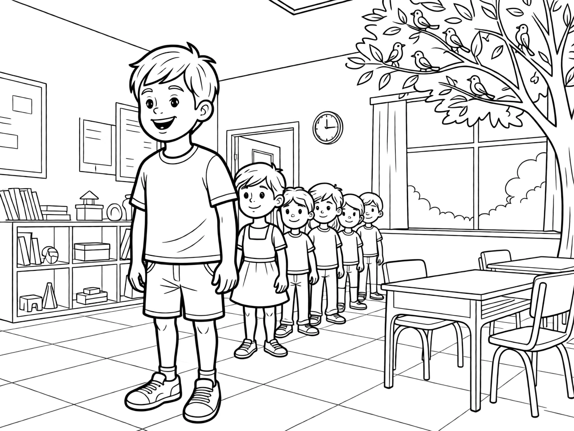 An energetic boy lining up for recess at a colorful classroom as birds chirp in a nearby tree.