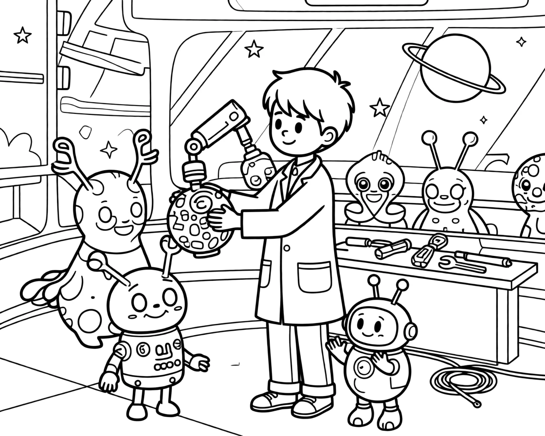 In a space zoo housing gentle creatures from across the galaxy, inventor kid Tango testing a robotic grabber arm defusing a giggling prank bomb rigged by a mischievous robot, while a small robot sidekick cheering adds to the excitement.