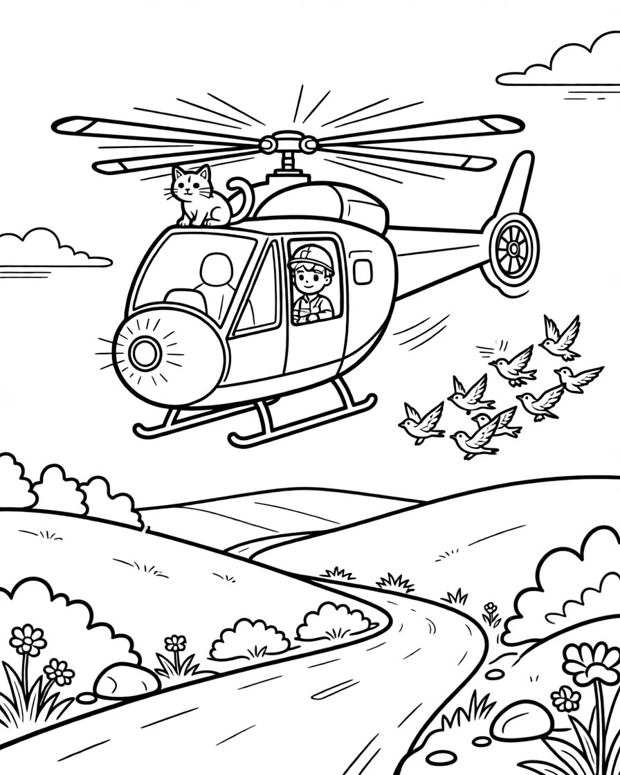 A coloring page featuring a rescue helicopter with spinning rotor blades, traveling through a quiet countryside road winding past rolling green hills, with a curious cat perched on the hood and a signal light blinking cheerfully and a flock of birds flying alongside in formation filling the scene.