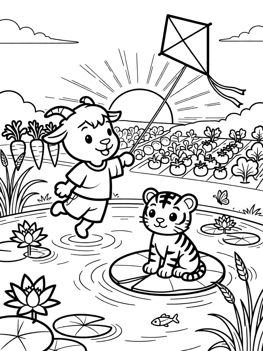 A goat kid flying a kite with a tiger cub on a lily pad in a quiet pond, near a vegetable garden, as the sun sets in soft colors.