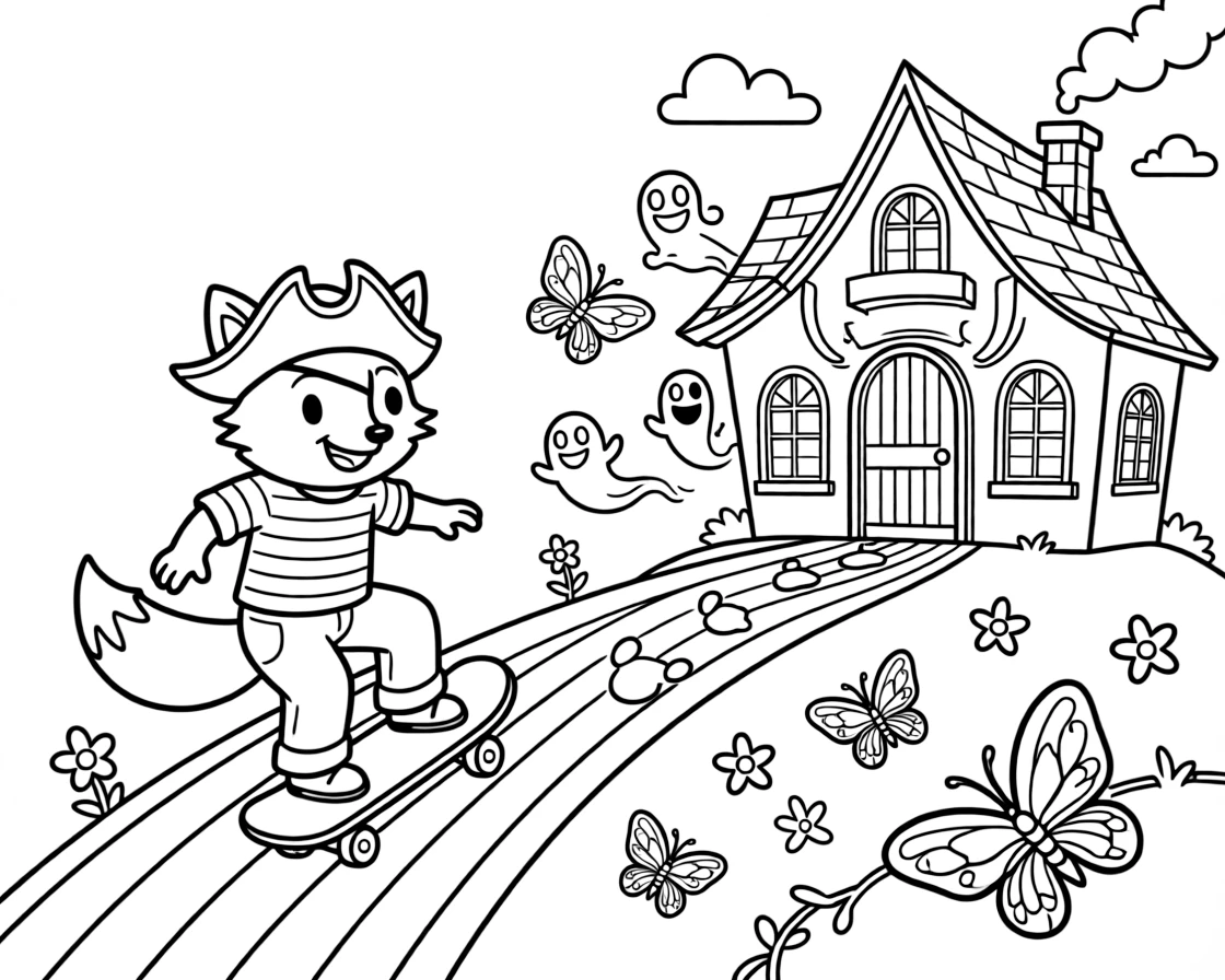 A round fox pirate captain is learning to skateboard down a rainbow ramp in a friendly haunted mansion full of giggling ghosts, joined by a trail of glowing footprints and a rainbow of butterflies fluttering by. Everyone is laughing and having the best time.