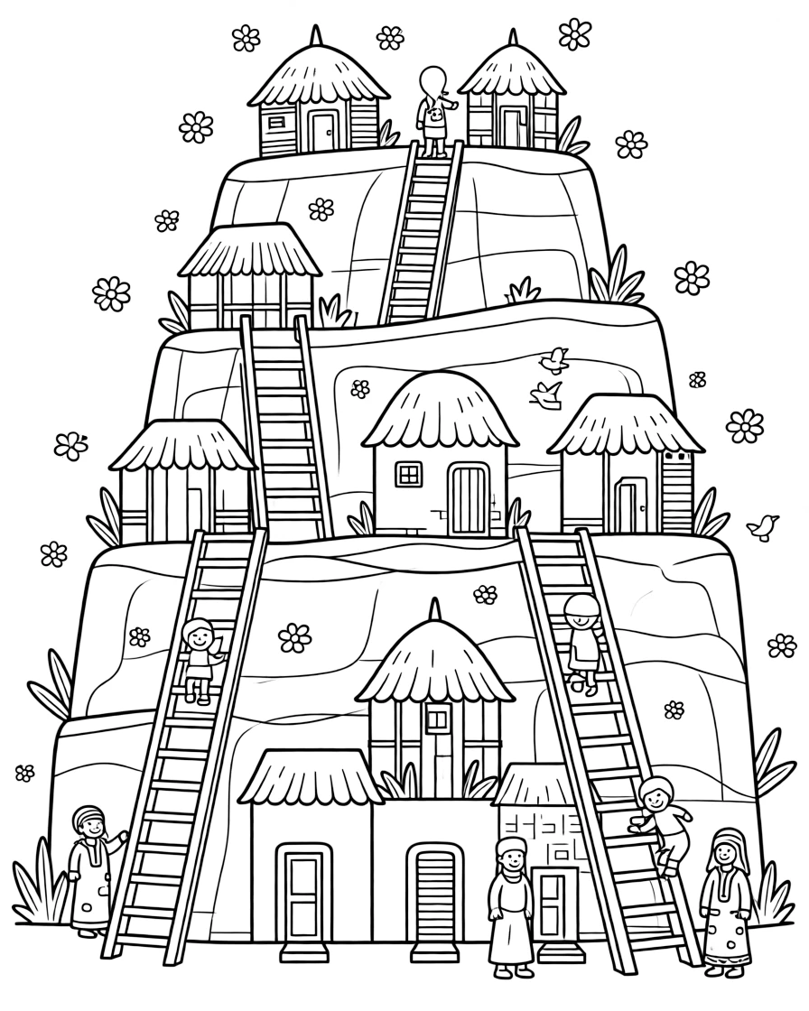 A coloring page highlighting a beloved cultural symbol from Mali: a Dogon village built into cliffside rocks, displayed proudly with small decorative flourishes around it.