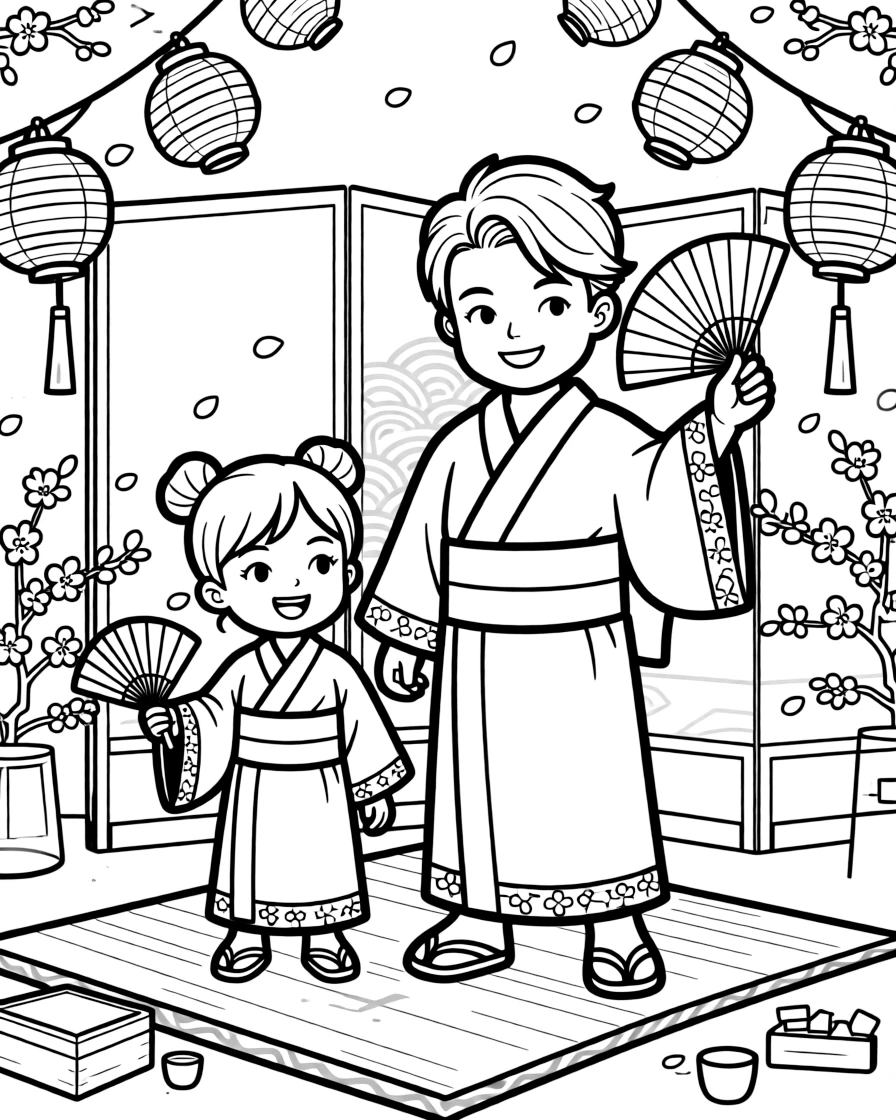 a proud older brother and his little sister tries on a kimono and waves a paper fan during a cultural festival day.