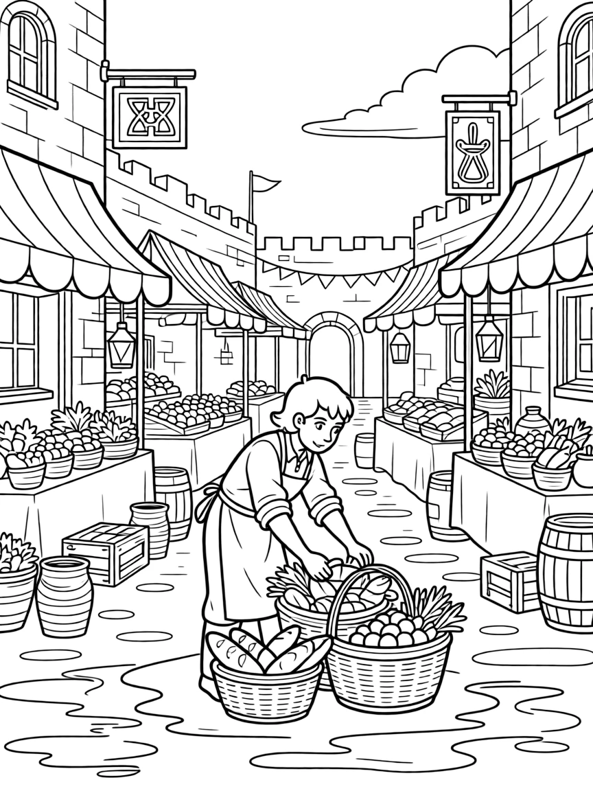 [Medieval Adventures] A dynamic scene shows a market vendor selling fresh bread arranging baskets of fresh goods within a walled medieval town, looking determined and brave. Close by, colorful market stalls line the street. Wooden signs hang above shop doors. The moment unfolds at high noon, with a light drizzle just ending, filled with energetic detail perfect for a young colorist.