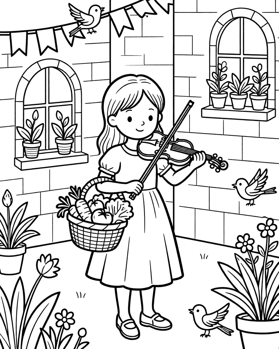 A girl violinist with her instrument tucked under her chin is harvesting fresh vegetables into a garden basket inside a castle courtyard with fluttering banners. Nearby, a row of potted plants along a windowsill and friendly songbirds perched close by round out the happy picture.