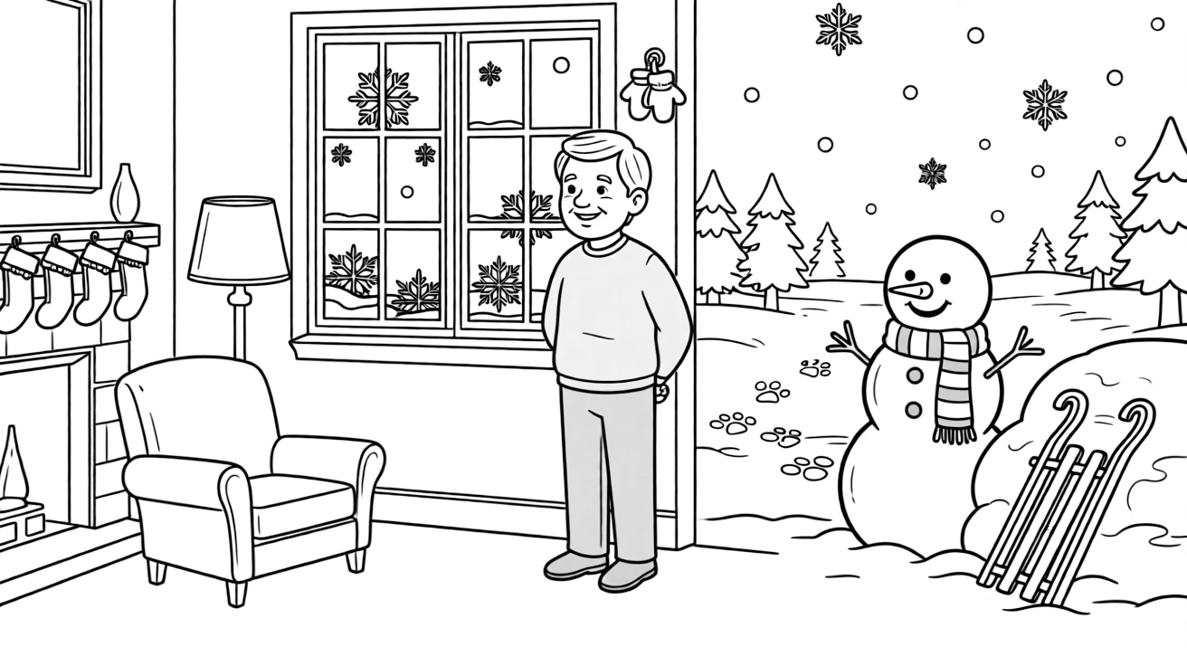 A wide view in a warmly lit living room with frost on the windows, featuring paw prints trailing across a freshly snowed yard, a proud grandfather, and a cheerful snowman with a striped scarf, with a sled leaning against a snowbank nearby.