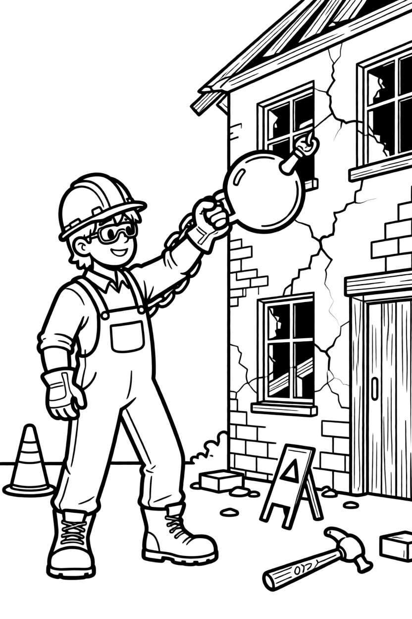 A demolition worker swings a wrecking ball to knock down an old building.