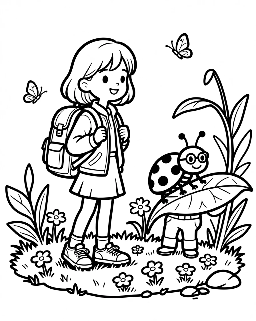 A girl with a backpack getting ready for school with an uncle as a ladybug crawls on a leaf.