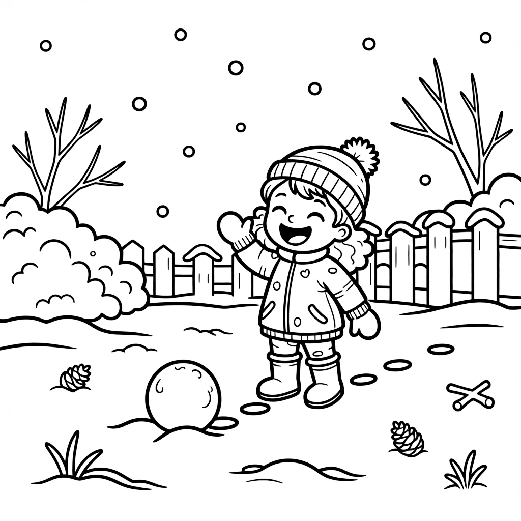 A little girl with curly hair, celebrating a direct hit with a triumphant laugh in the snowy yard.