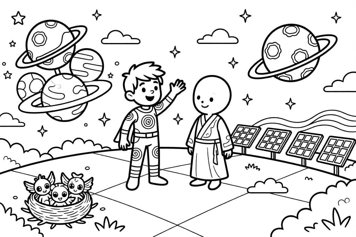 Ranger Fern, a friendly spring-legged superhero kid greeting a friendly alien ambassador arriving at the spaceport in a floating amusement park with rides shaped like planets, as a nest of baby alien creatures chirping happily and a row of solar panels catching the sunset fill the scene.