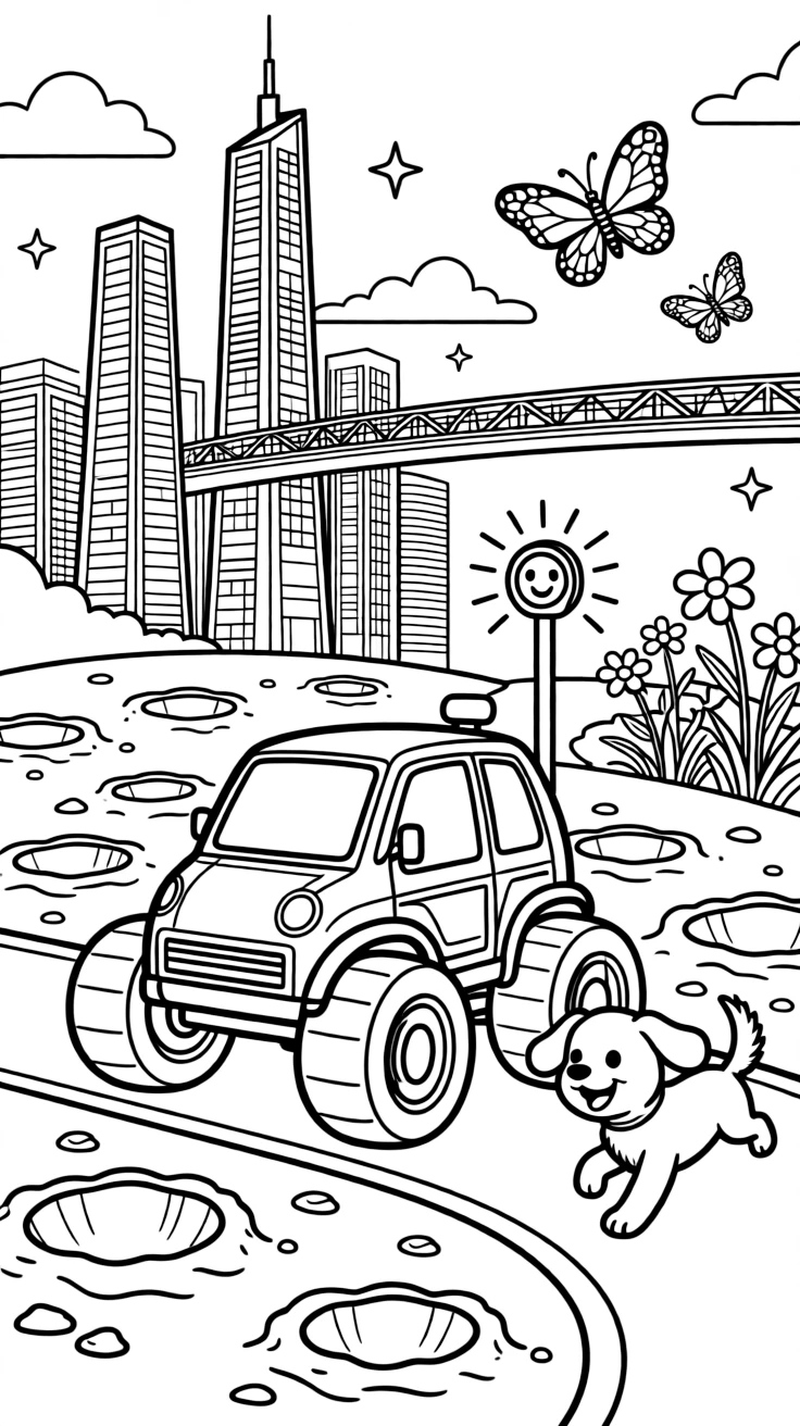 This page centers on a bouncy lunar rover crossing a field of craters exploring a gleaming futuristic city skyline with towers and skywalks, featuring an excited puppy chasing along the road and little extras like a signal light blinking cheerfully and butterflies fluttering near a patch of wildflowers.