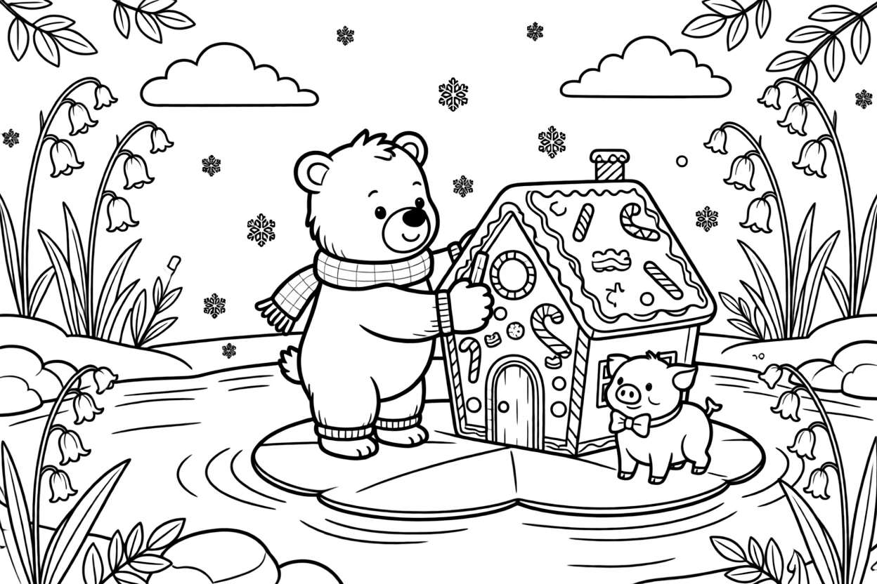 A polar bear cub decorating a gingerbread house with a piglet on a lily pad in a quiet pond, near a bluebell woodland, as gentle snowflakes drift down.