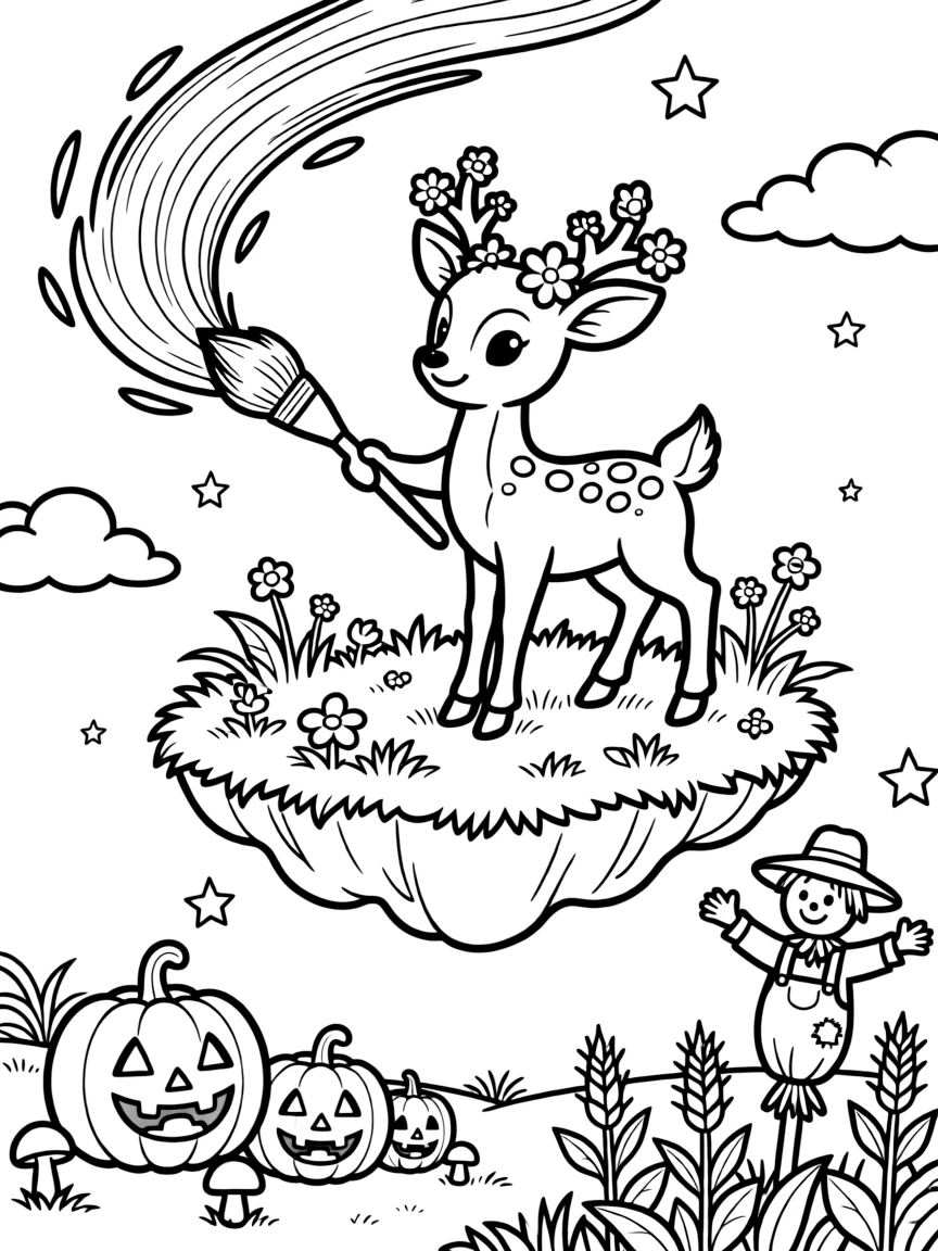 A jolly deer fawn with flower antlers is painting the sky with a giant paintbrush on a floating island drifting through the sky, joined by a row of jack-o'-lanterns grinning in the dark and a cheerful scarecrow waving from the field. It's a perfectly wonderful, magical moment.