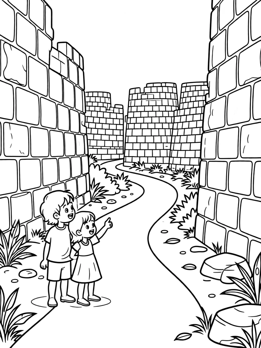 A coloring page set in Zimbabwe, showing the tall stone walls of a great ancient stone city, with a winding path leading toward it and a couple of curious children pointing excitedly.