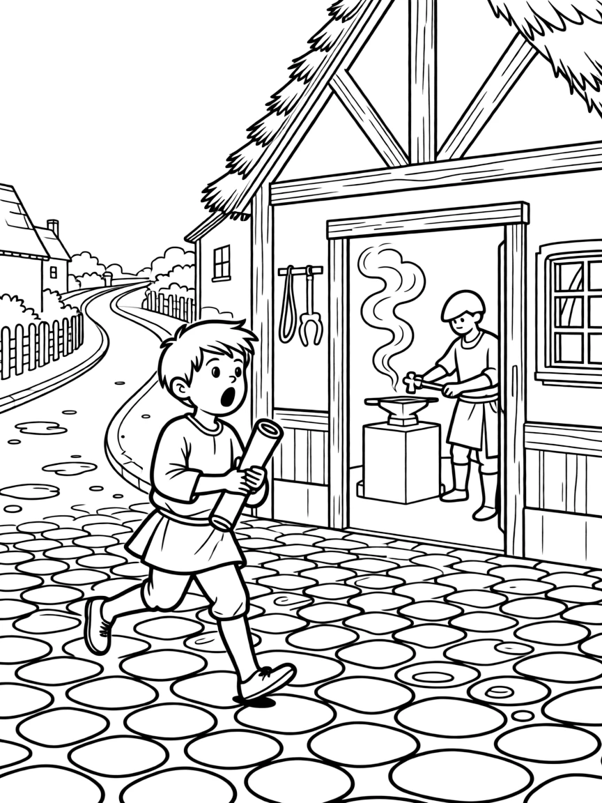 [Medieval Adventures] a young page delivering a scroll hurrying across a cobblestone square outside a village blacksmith shop, gasping in amazement. Nearby, smoke rises from the blacksmith's forge. Cobblestones pave the winding street. The scene is captured in the late afternoon, with a light drizzle just ending, giving the page a lively and adventurous feel that invites plenty of colorful detail.