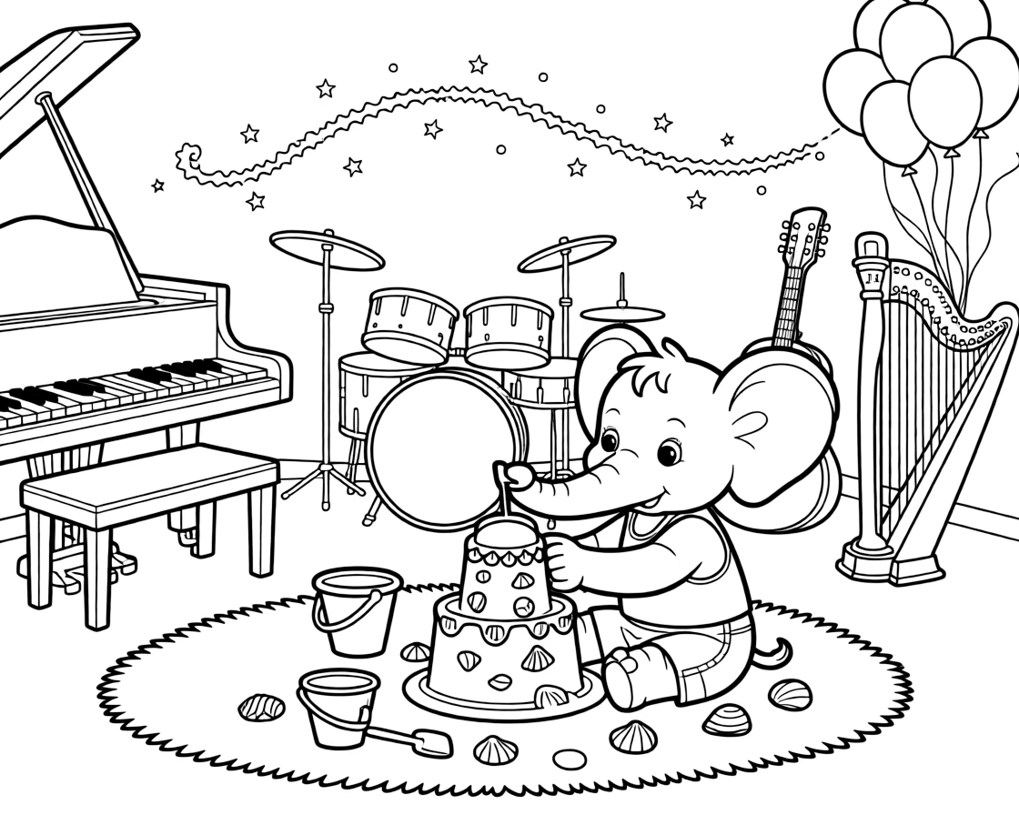 A baby elephant with big flapping ears is building a tall sandcastle decorated with seashells inside a music room lined with instruments. Just beyond, a trail of glittering fairy dust and a cluster of bouncing balloons tied with ribbon add a sprinkle of wonder to the moment.