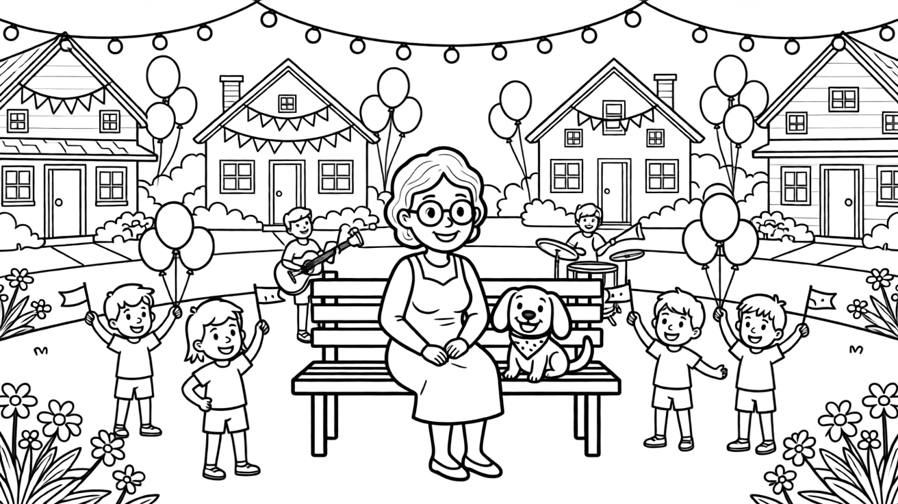 A cheerful grandmother sitting beside a dog proudly wearing a birthday bandana in a neighborhood where every house has festive decorations, with children waving small flags and musicians playing lively instruments scattered about.