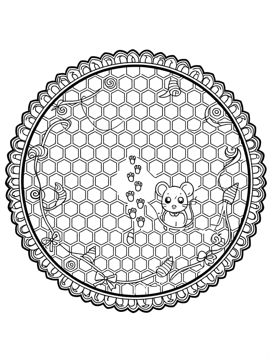Dinosaurs & Prehistoric: The main subject is a group of tiny dinosaur footprints forming a trail, drawn as the focal point of a honeycomb mandala tiled from small hexagon cells. It is positioned in the middle of the page so the design radiates outward evenly in every direction. Decorative details fill the surrounding space, including delicate lace-edged fringes, loops shaped like small bows, and tightly coiled spiral shells woven throughout the background. A playful extra touch completes the page: a curious little mouse peeking out from behind one of the shapes.