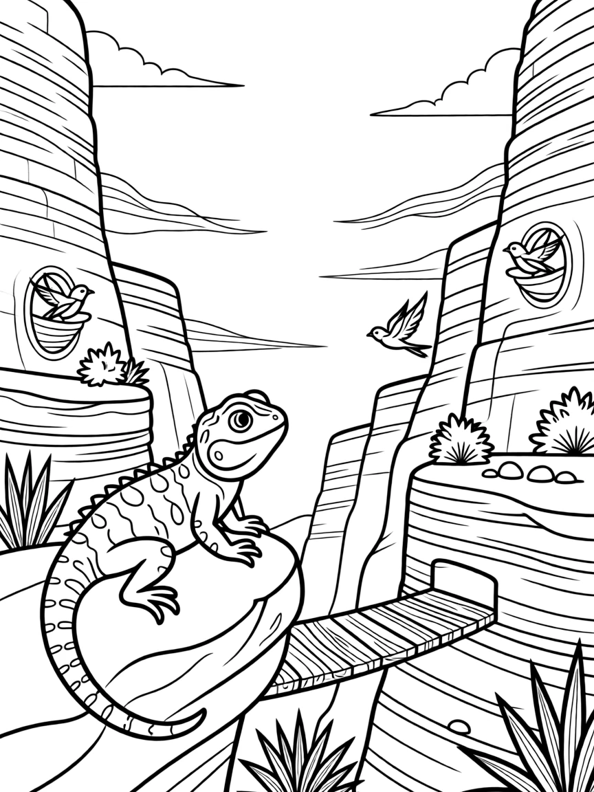 [Canyon Trails] A curious lizard suns itself on a warm rock overlooking a dramatic canyon vista. Swallows dart in and out of small holes in the canyon walls, building their nests. A narrow wooden bridge crosses a rocky gap between two towering canyon walls. A warm breeze drifts through the canyon beneath a wide, clear blue sky.