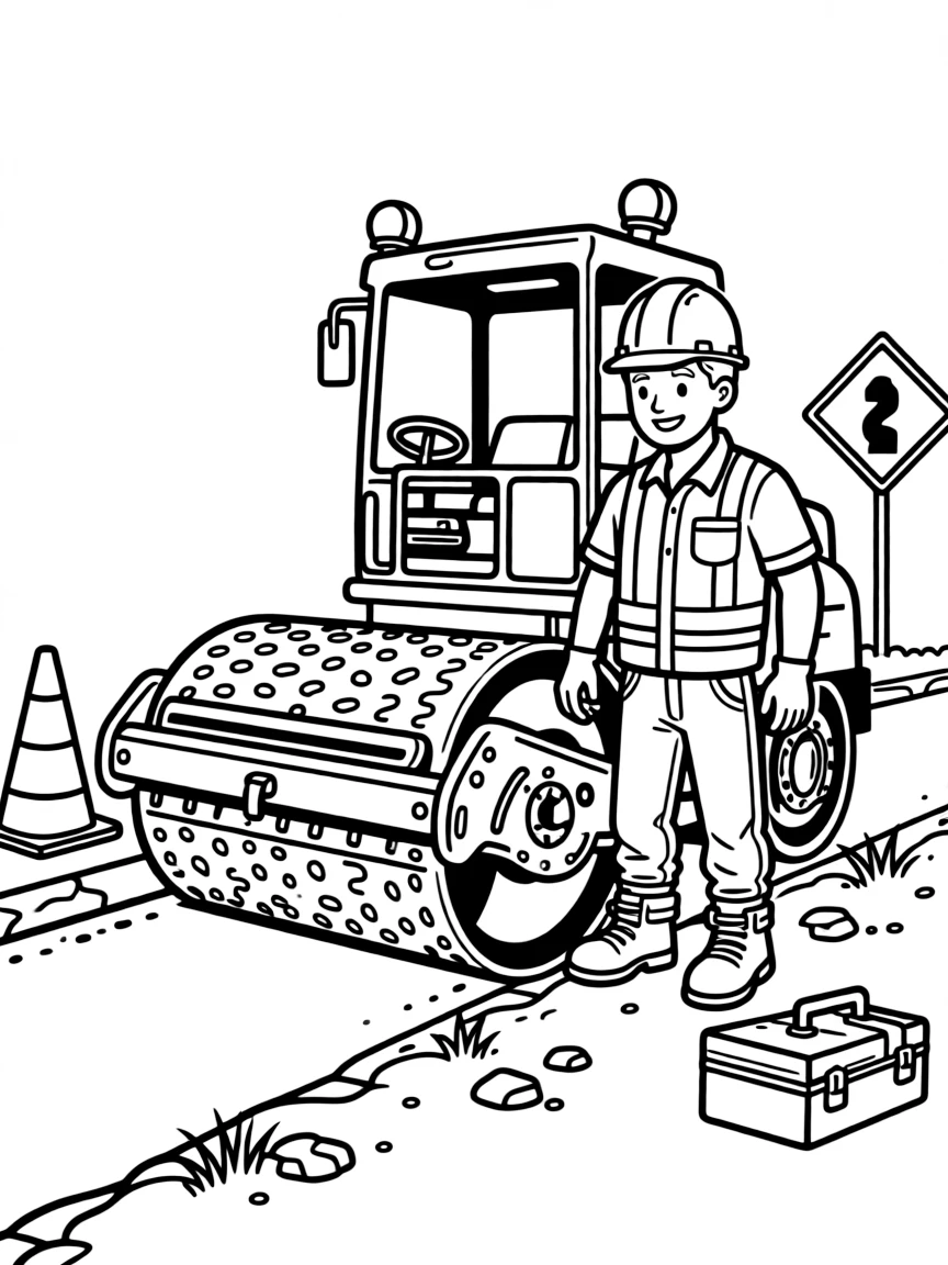 A road worker paves a fresh layer of asphalt with a big roller machine.
