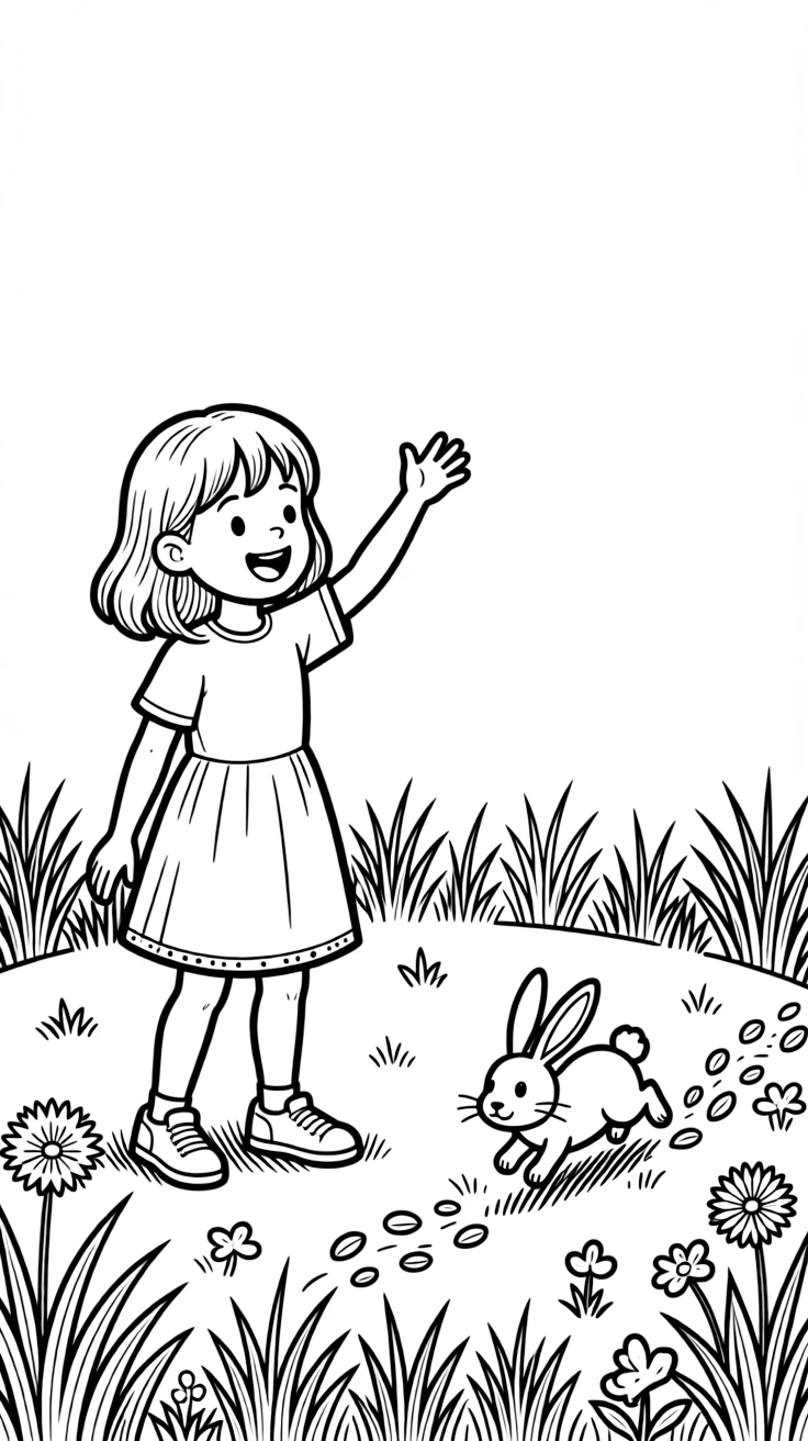 A cheerful girl raising a hand for a teacher while a rabbit hops through the grass.