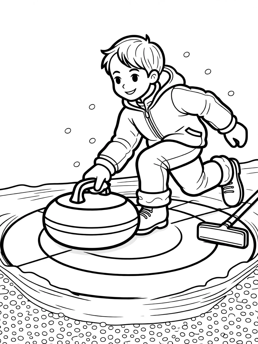 A cheerful young boy, sliding a heavy curling stone down the ice toward a painted target circle.