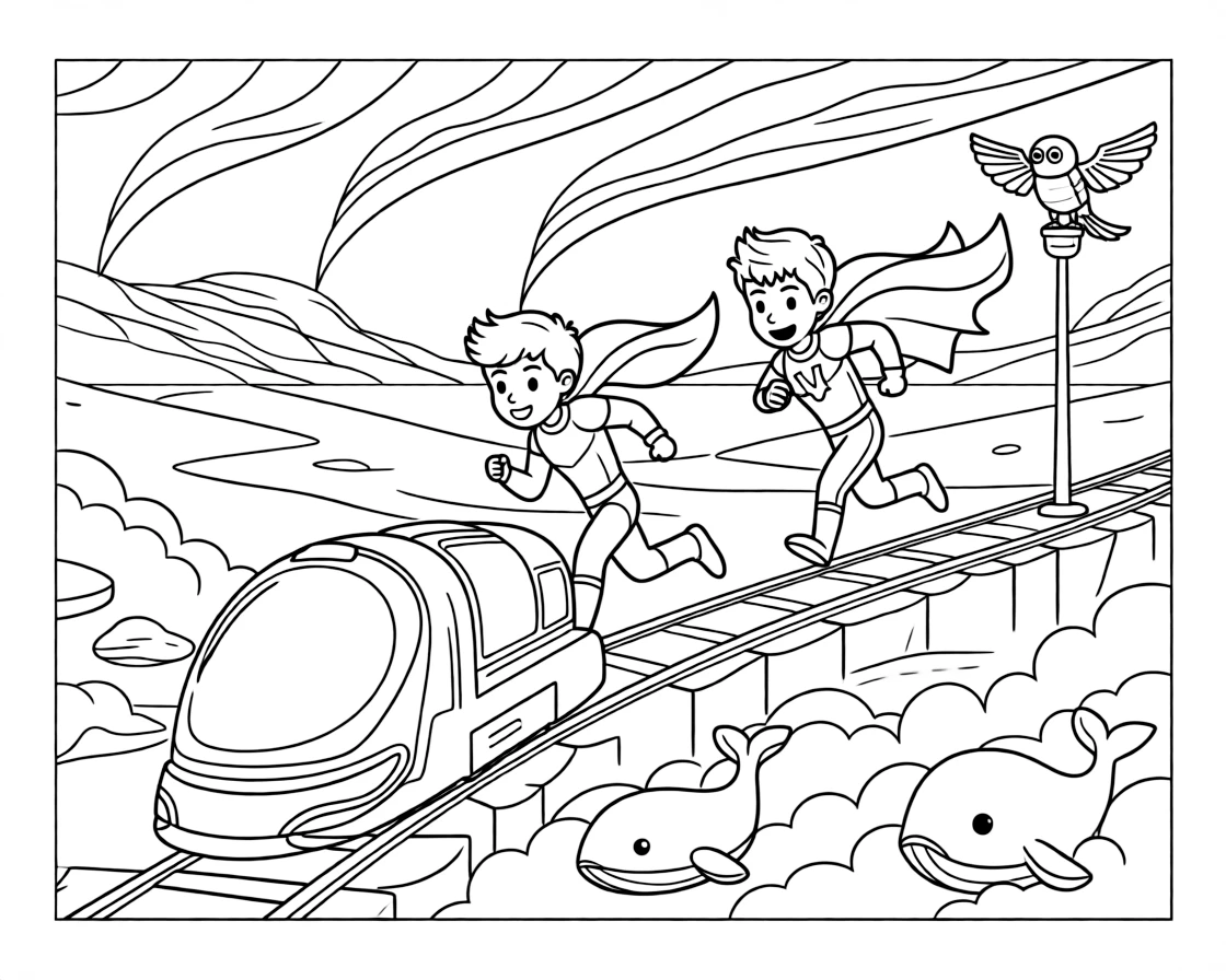 Twin superhero siblings Marbles (super-fast) and Vega (magnetic) racing to catch a runaway hover-train before it reaches the canyon near a snow-covered tundra planet with auroras dancing overhead, surrounded by a robotic bird perched on a lamp post and a family of gentle space whales swimming through the clouds.