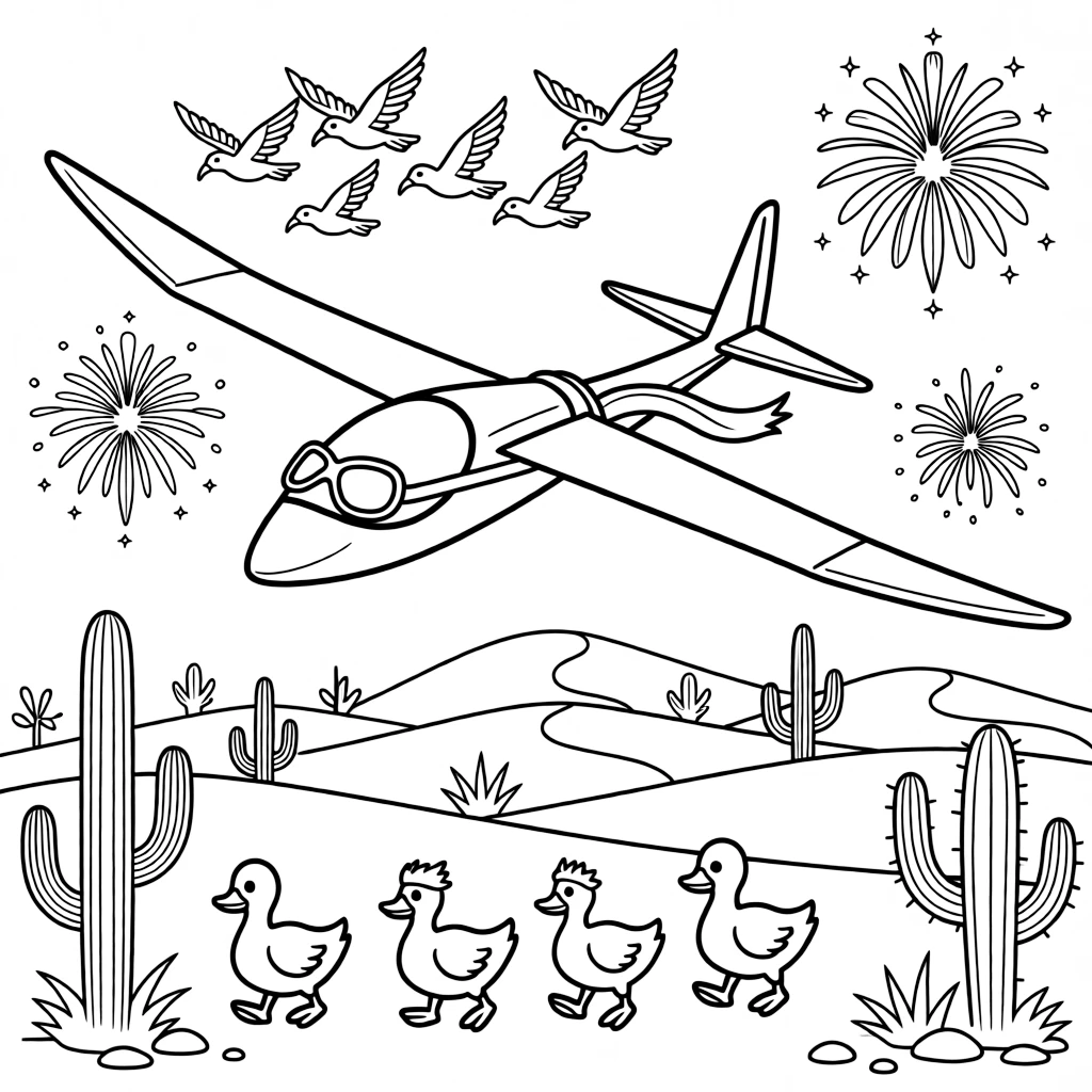 This page centers on a graceful glider soaring silently on the wind exploring a golden desert dotted with cacti and distant sand dunes, featuring a family of ducks waddling alongside and little extras like a flock of birds flying alongside in formation and fireworks bursting in the sky in the background.