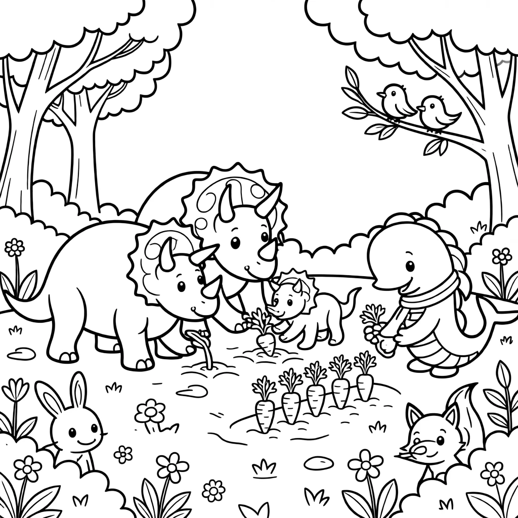 A triceratops family planting seeds together with a narwhal in an enchanted forest clearing, near a row of carrots, while baby animals peek out from the bushes.