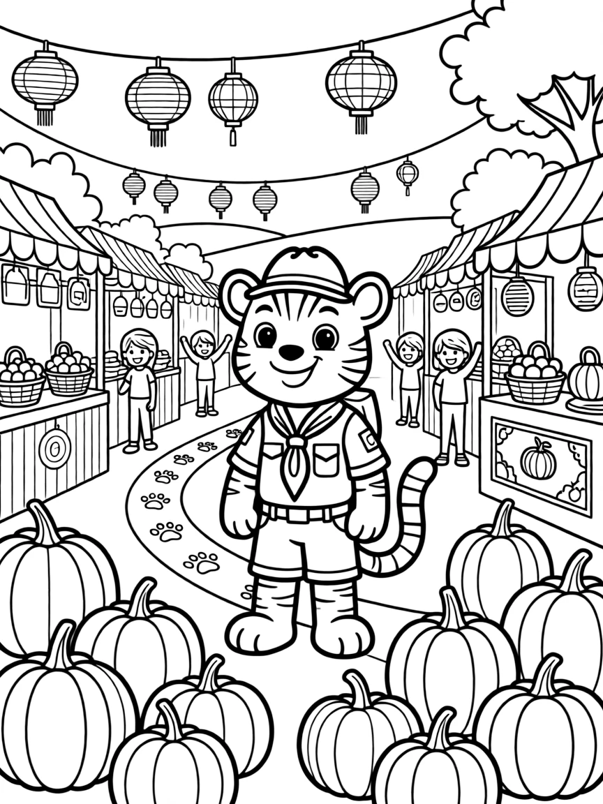 Huggable and full of excitement, a tiger cub scout leader spends the day gathering pumpkins for a harvest festival float at a lively night market strung with paper lanterns. Nearby, a trail of paw prints leading into the distance adds to the fun. Warm smiles and happy cheers fill the scene.