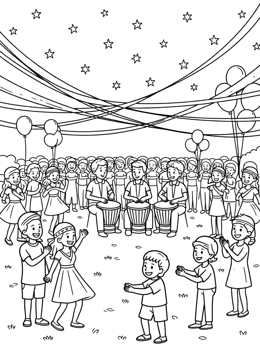 A coloring page bursting with festival energy from Zimbabwe, depicting a harvest celebration with drummers and dancers under the stars, with balloons, streamers, and happy onlookers filling the scene.