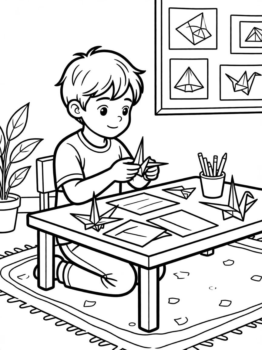 a shy young boy folds a paper crane during an origami lesson at a low table.