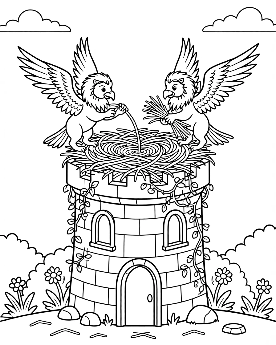 A family of griffins builds a nest from golden straw atop the highest tower of an abandoned castle.