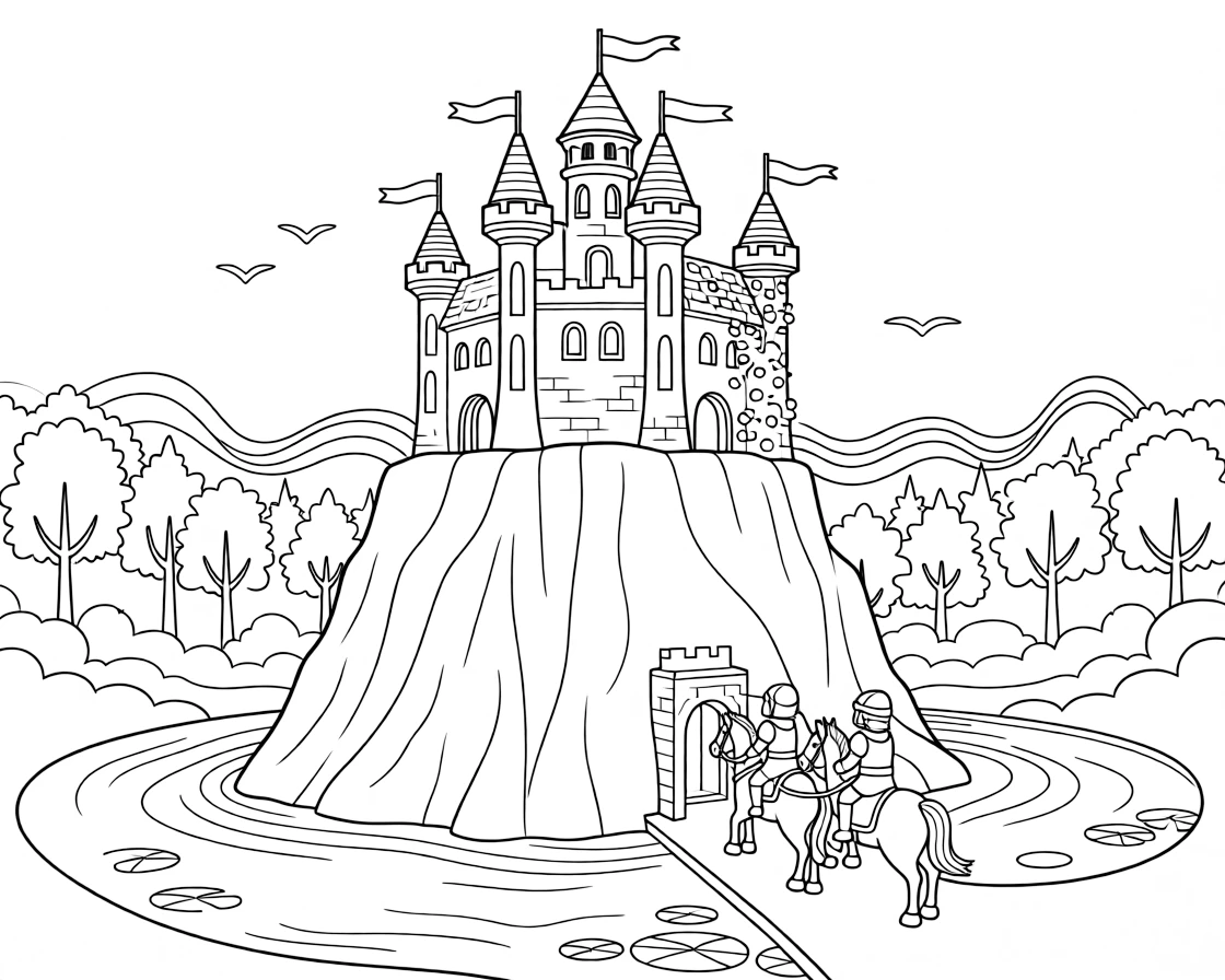 [Castles] A dynamic scene shows a castle surrounded by a moat rising above a misty forest atop a rocky cliff, letting out a triumphant roar. Close by, knights on horseback approach the gate. Ivy climbs partway up one tower. The moment unfolds on a foggy morning, with heat waves shimmering in the distance, filled with energetic detail perfect for a young colorist.