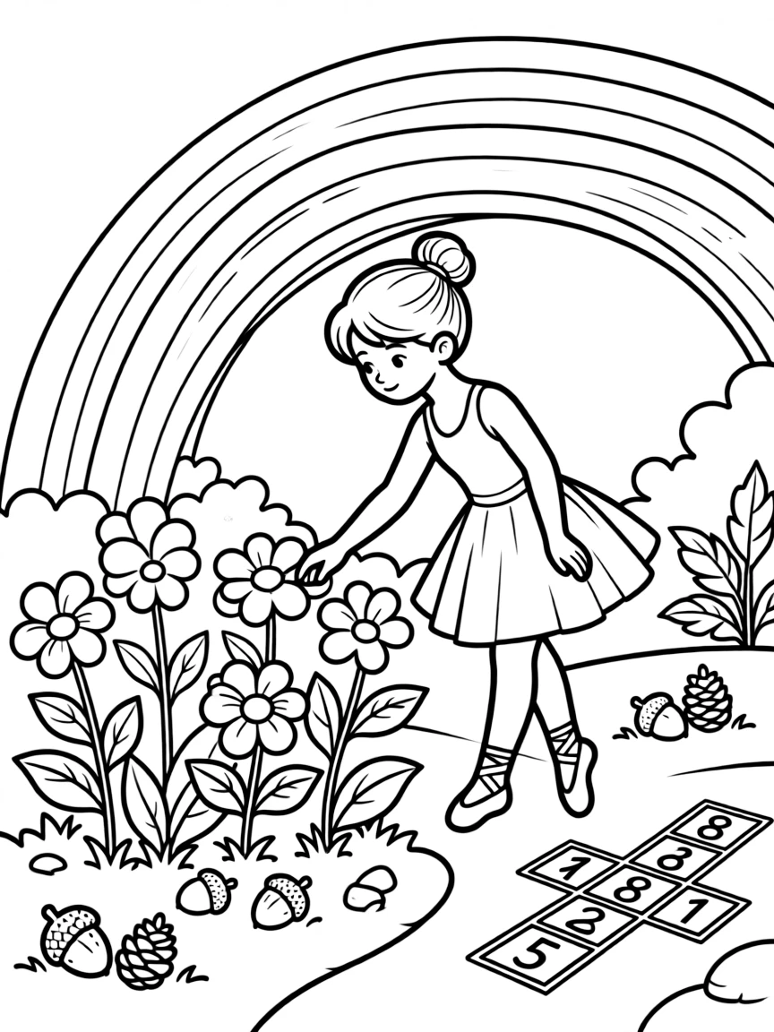 A young ballerina in a satin leotard is tending a garden of glowing enchanted flowers beside a rainbow arching after the rain. All around, a cluster of acorns and pinecones scattered about and a hopscotch grid chalked onto the pavement add a sprinkle of wonder to the moment.