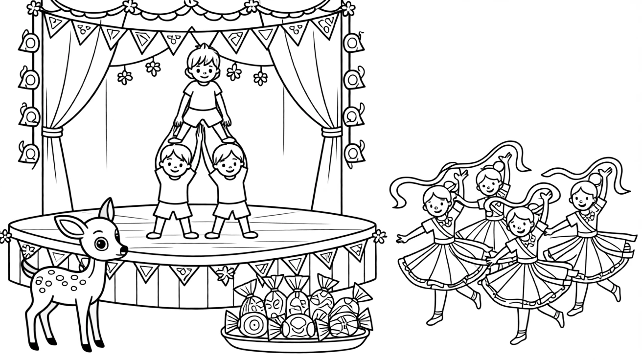 Children forming a human pyramid to reach a pot on a decorated stage set up for a community celebration, while a spotted fawn looks on nearby, a group of dancers in bright costumes and a tray of sweets wrapped in colorful paper completing the scene.