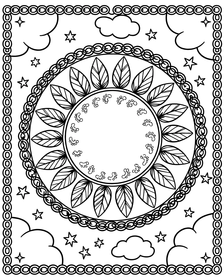 Dinosaurs & Prehistoric: The page centers on a repeating motif of a group of tiny dinosaur footprints forming a trail, built around a feather-ring mandala with plumes fanning outward. The motif is repeated in a corner-to-corner border that circles the entire page, leaving a round open area in the middle. Decorative details fill the surrounding space, including interlocking circle chains, clusters of small five-point stars, and rounded puffy cloud shapes woven throughout the background. A playful extra touch completes the page: a few sparkling gem shapes dotted along the outer border.