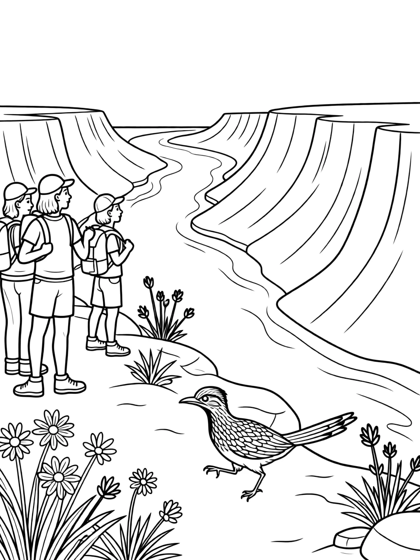 [Canyon Trails] A group of hikers pauses to admire a winding river far below the canyon rim. A roadrunner darts across the trail past a cluster of wildflowers growing between rocks. A winding river cuts through the canyon floor far below the rocky rim trail. Bright sunlight illuminates the striped canyon walls beneath a nearly cloudless sky.