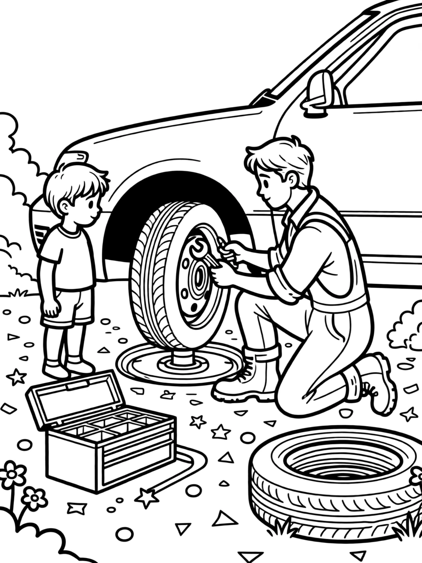A small boy watching a tire get fixed by a mechanic with confetti scattered on the ground.