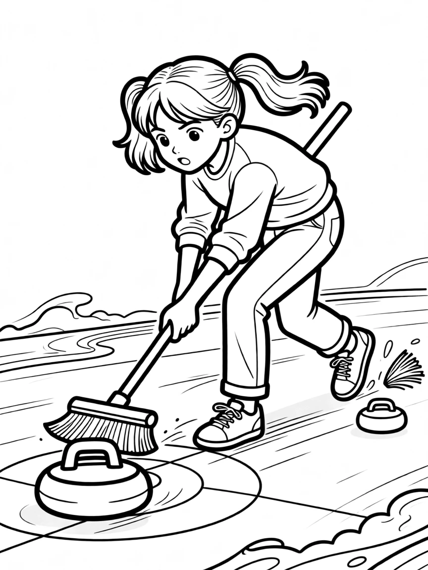 A determined girl with pigtails, sweeping the ice furiously with a broom to guide the stone's path.